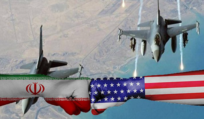 صورة توضيحية تظهر مصافحة بين علمي الولايات المتحدة وإيران مع طائرات حربية في الخلفية ترمز للتوتر العسكري بين البلدين