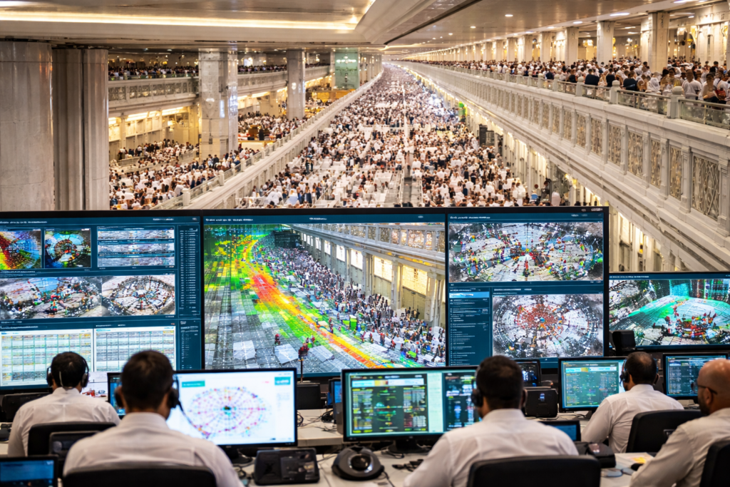 أنظمة ذكية لرصد كثافة المعتمرين في المسعى داخل المسجد الحرام باستخدام شاشات مراقبة وتحليل الحشود