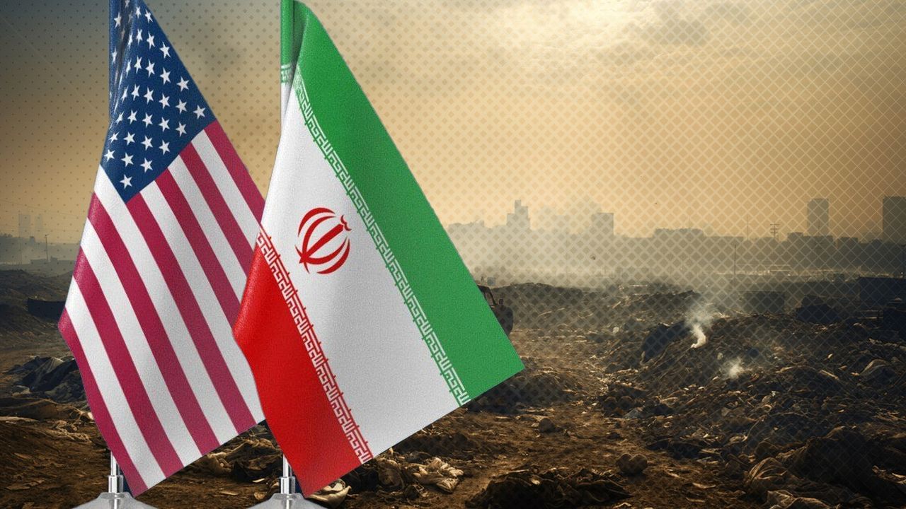 العلمان الأمريكي والإيراني في رسم توضيحي يعكس محادثات إيران وأمريكا