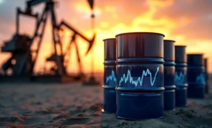 براميل نفط ومضخات بترول في مشهد يعكس تراجع أسعار النفط وارتفاع الأسواق العالمية