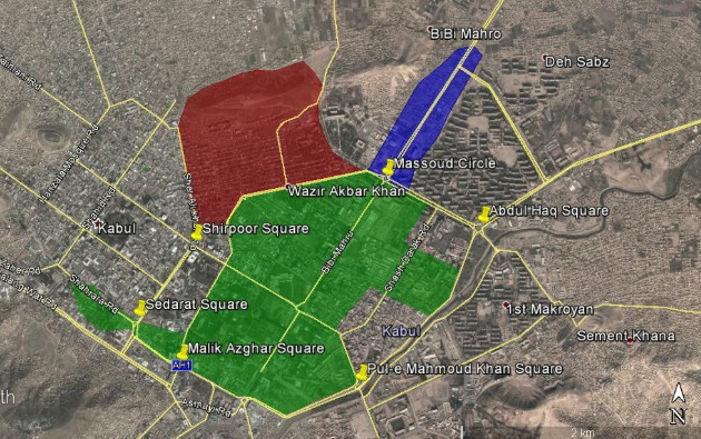خريطة المنطقة الخضراء في كابل التي تضم الحي الدبلوماسي ومقار السفارات في العاصمة الأفغانية