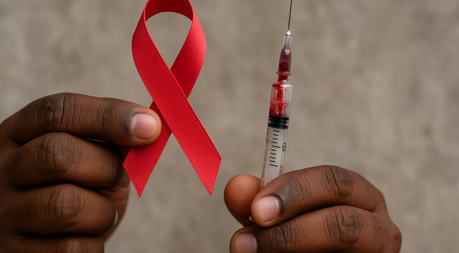 شريط أحمر يرمز لمرض الإيدز مع حقنة طبية توضح التوعية الصحية