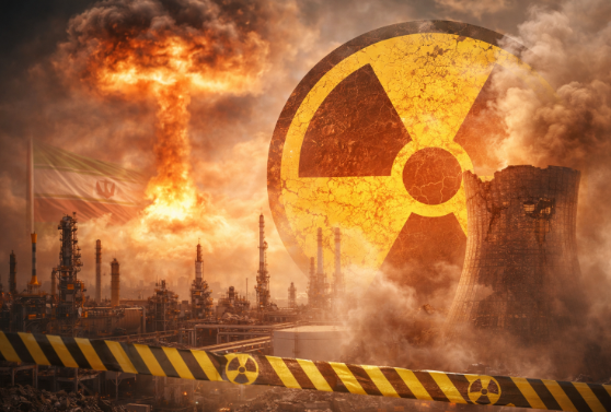 رمز خطر إشعاعي نووي فوق منشآت طاقة وسط تصاعد الدخان والانفجارات في إيران