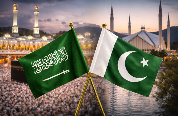 علم السعودية وعلم باكستان أمام الحرم المكي ومسجد فيصل في إسلام آباد
