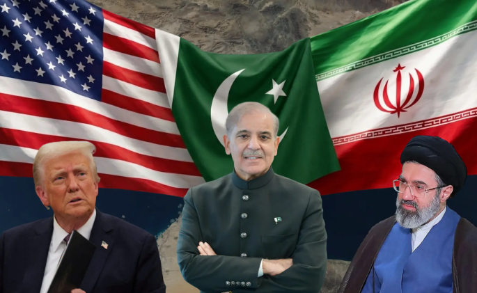 صورة تعبيرية لمحادثات أمريكية إيرانية برعاية باكستان وسط أعلام الدول الثلاث