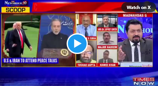 لقطة من برنامج إخباري هندي يناقش محادثات السلام في إسلام آباد بين الولايات المتحدة وإيران