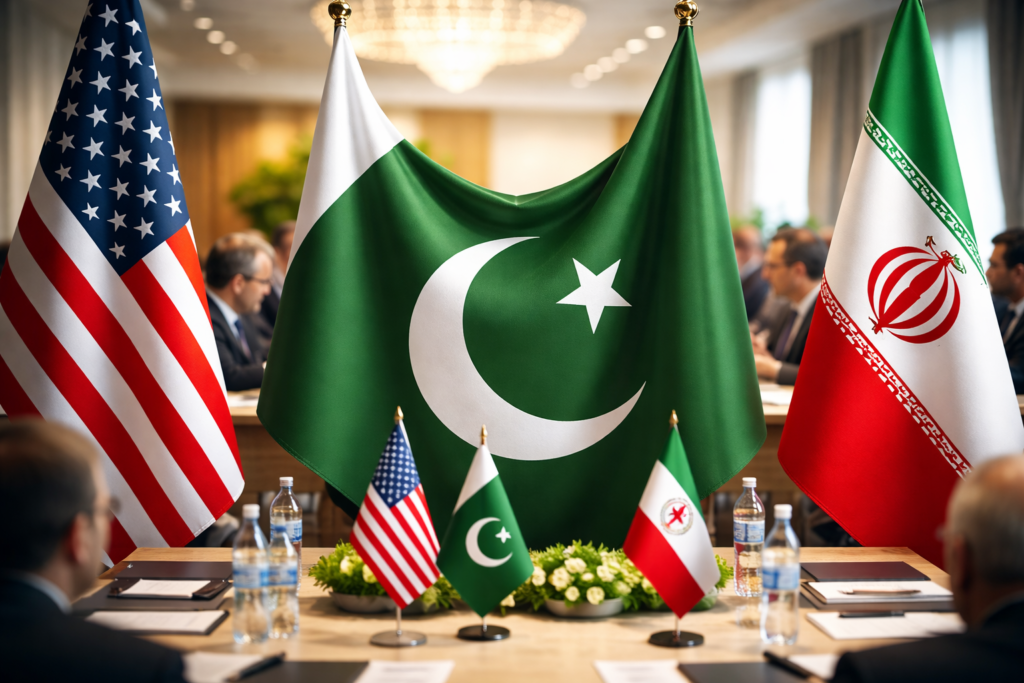 الوساطة الباكستانية بين الولايات المتحدة وإيران مع علم باكستان في الوسط
