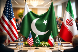 الوساطة الباكستانية بين الولايات المتحدة وإيران مع علم باكستان في الوسط
