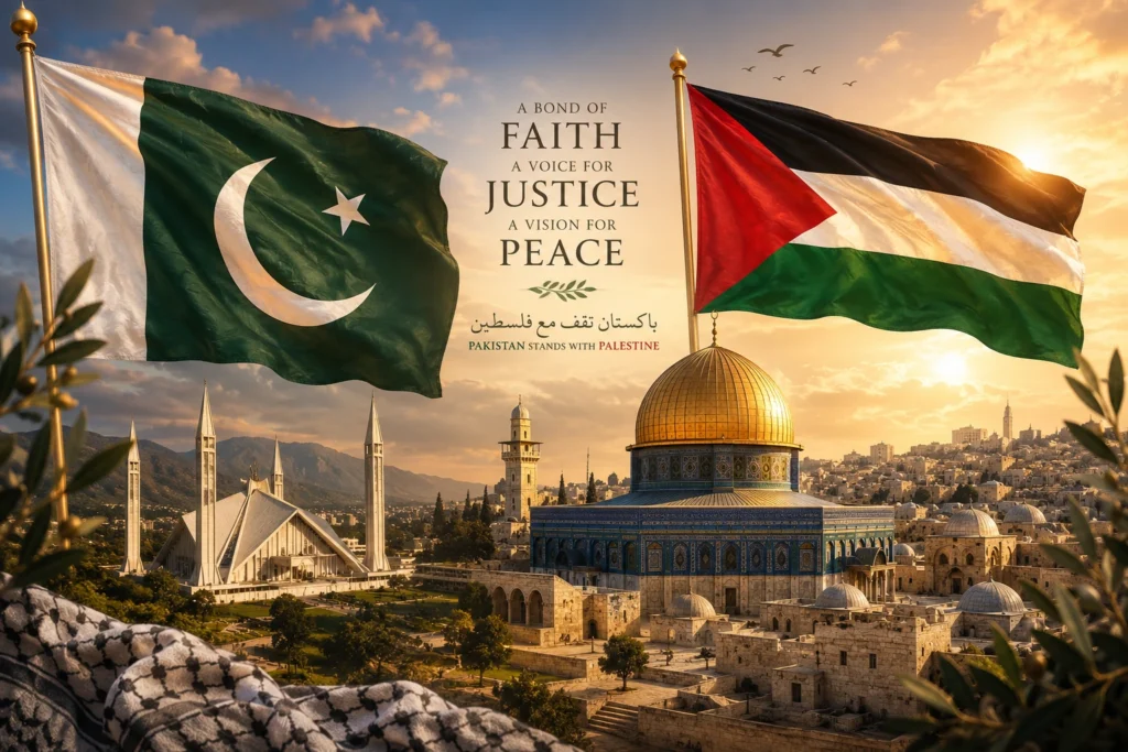 علم باكستان وعلم فلسطين فوق مدينة القدس في تصميم رمزي