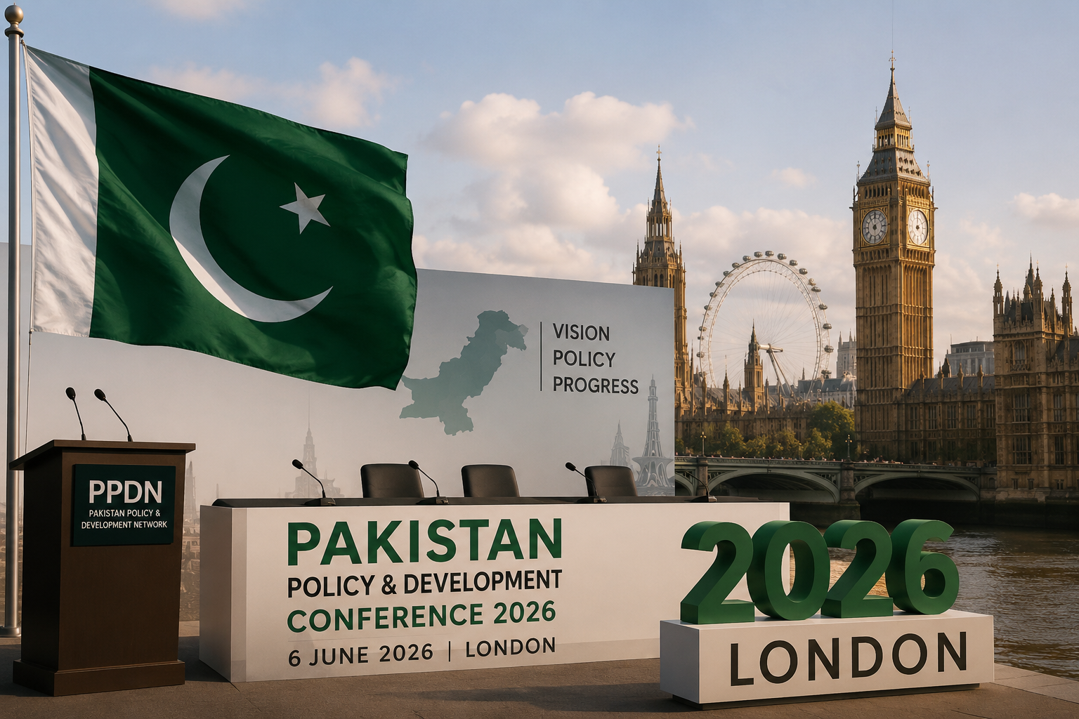 العلم الباكستاني بجانب منصة مؤتمر في لندن مع مجسم يحمل رقم 2026 وخلفية لمعالم العاصمة البريطانية