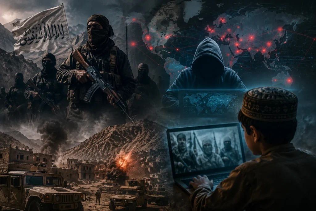 تصميم تعبيري يظهر جماعات متشددة وتجنيدًا إلكترونيًا مرتبطًا بتهديدات أمنية عابرة للحدود