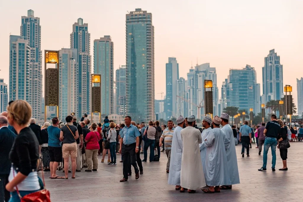 تجمع أشخاص من جنسيات مختلفة في دبي يعكس التنوع الثقافي في الإمارات