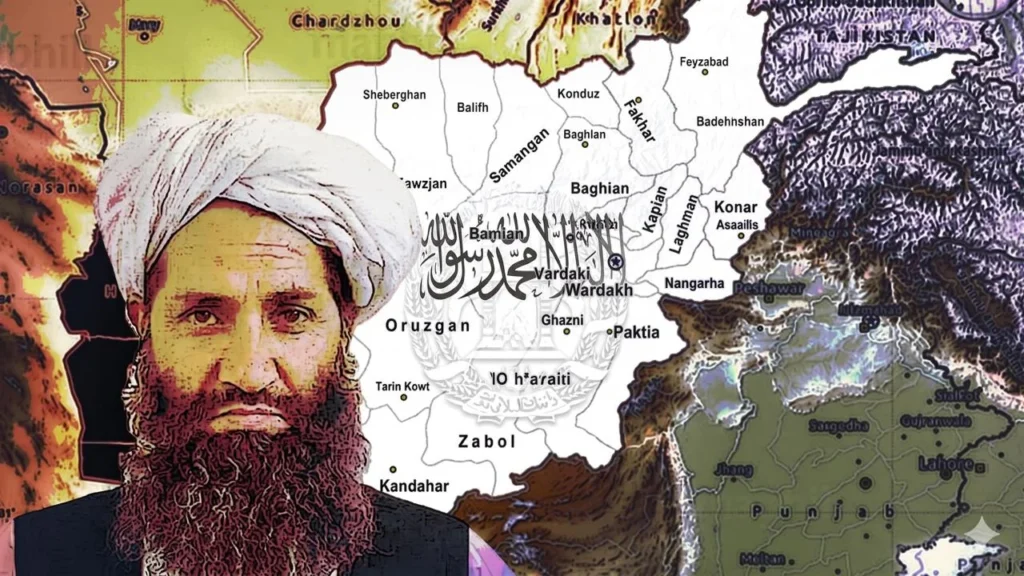 زعيم طالبان هيبت الله آخوندزاده أمام خريطة حدود باكستان أفغانستان