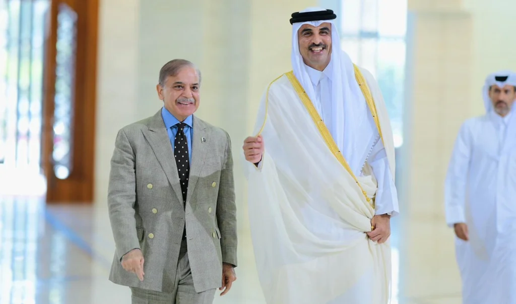 شهباز شريف وأمير قطر خلال لقاء رسمي بين باكستان وقطر