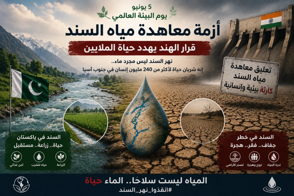 تصميم يوضح أزمة معاهدة مياه السند وتأثيرها على الأمن البيئي والإنساني في جنوب آسيا
