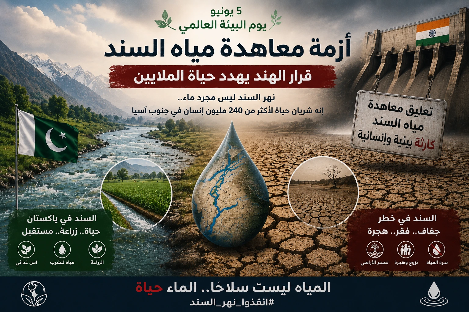 تصميم يوضح أزمة معاهدة مياه السند وتأثيرها على الأمن البيئي والإنساني في جنوب آسيا