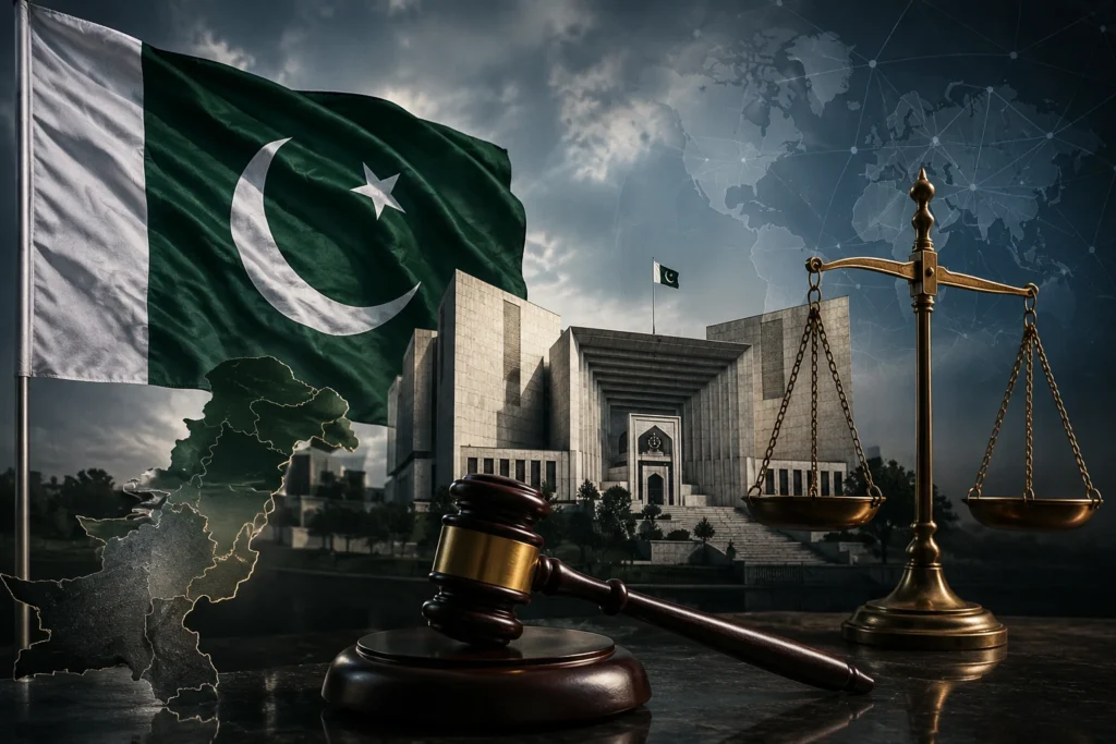 علم باكستان مع المحكمة العليا وميزان العدالة ضمن ملف Pakistan Judicial Sovereignty