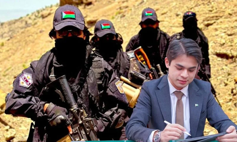 عناصر مسلحة في بلوشستان مع صورة للنائب الباكستاني جمال ريساني