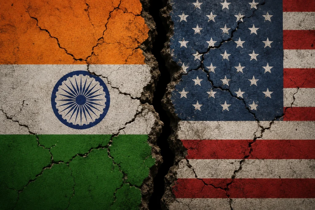 العلمان الهندي والأمريكي يفصل بينهما شرخ يرمز إلى توتر العلاقات بين البلدين - India and US flags separated by a crack symbolising tensions